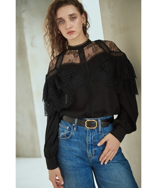 Estella.K(エステラケー)の「Oliviela Lace Blouse レースブレードトリムBL(シャツ/ブラウス・レディース・オフホワイト/ブラック・FREE)」の1枚目の写真
