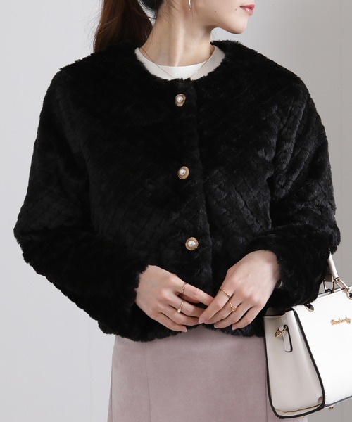 セール】パールボタン キルティング フェイクファー ジャケット