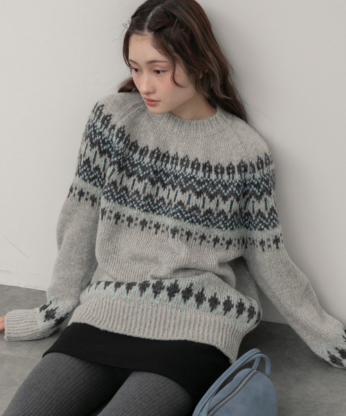 セール】ノルディック柄クルーニットトップス / アイボリー ベージュ