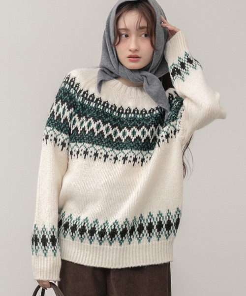 HEILIS（ヘイリス）の「ノルディック柄クルーニットトップス / アイボリー ベージュ グレー ノルディック ニット トップス クルーネック 長袖 秋服 冬服 韓国 デート クリスマス ギフト 忘年会 カジュアル ガーリー 保温 柄（ニット/セーター・レディース・アイボリー/グレー・FREE）」の2枚目の写真