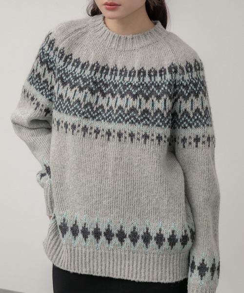 HEILIS（ヘイリス）の「ノルディック柄クルーニットトップス / アイボリー ベージュ グレー ノルディック ニット トップス クルーネック 長袖 秋服 冬服 韓国 デート クリスマス ギフト 忘年会 カジュアル ガーリー 保温 柄（ニット/セーター・レディース・アイボリー/グレー・FREE）」の4枚目の写真