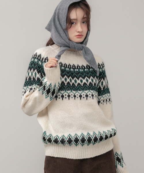 HEILIS（ヘイリス）の「ノルディック柄クルーニットトップス / アイボリー ベージュ グレー ノルディック ニット トップス クルーネック 長袖 秋服 冬服 韓国 デート クリスマス ギフト 忘年会 カジュアル ガーリー 保温 柄（ニット/セーター・レディース・アイボリー/グレー・FREE）」の5枚目の写真