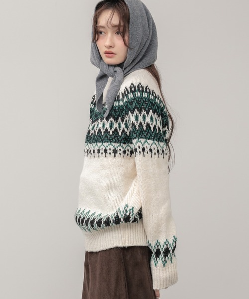 HEILIS（ヘイリス）の「ノルディック柄クルーニットトップス / アイボリー ベージュ グレー ノルディック ニット トップス クルーネック 長袖 秋服 冬服 韓国 デート クリスマス ギフト 忘年会 カジュアル ガーリー 保温 柄（ニット/セーター・レディース・アイボリー/グレー・FREE）」の7枚目の写真