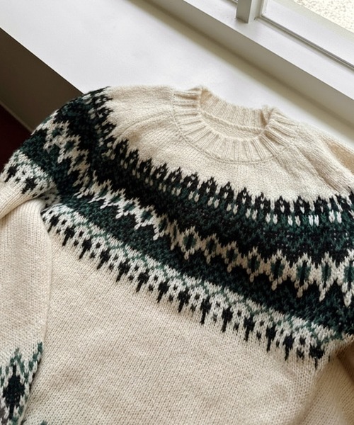 HEILIS（ヘイリス）の「ノルディック柄クルーニットトップス / アイボリー ベージュ グレー ノルディック ニット トップス クルーネック 長袖 秋服 冬服 韓国 デート クリスマス ギフト 忘年会 カジュアル ガーリー 保温 柄（ニット/セーター・レディース・アイボリー/グレー・FREE）」の15枚目の写真