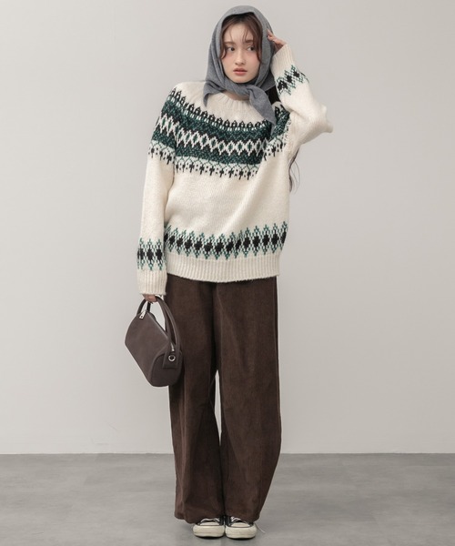 HEILIS（ヘイリス）の「ノルディック柄クルーニットトップス / アイボリー ベージュ グレー ノルディック ニット トップス クルーネック 長袖 秋服 冬服 韓国 デート クリスマス ギフト 忘年会 カジュアル ガーリー 保温 柄（ニット/セーター・レディース・アイボリー/グレー・FREE）」の10枚目の写真