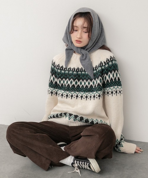 HEILIS（ヘイリス）の「ノルディック柄クルーニットトップス / アイボリー ベージュ グレー ノルディック ニット トップス クルーネック 長袖 秋服 冬服 韓国 デート クリスマス ギフト 忘年会 カジュアル ガーリー 保温 柄（ニット/セーター・レディース・アイボリー/グレー・FREE）」の14枚目の写真