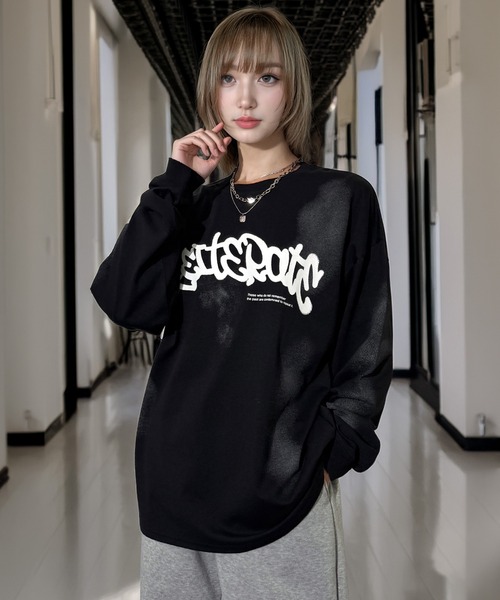 Candlestick（キャンドルスティック）の「ヴィンテージ サンドブラスト ライク タギング ストリート ロンT 韓国ストリート（Tシャツ/カットソー・レディース・ブラック系1/ブラウン/ブラック系2/スミクロ/ブラック/ホワイト系・M/LL/L）」の11枚目の写真