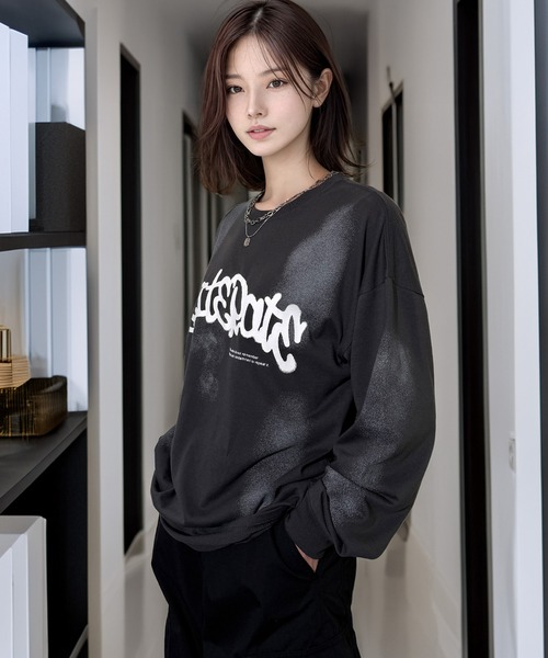 Candlestick（キャンドルスティック）の「ヴィンテージ サンドブラスト ライク タギング ストリート ロンT 韓国ストリート（Tシャツ/カットソー・レディース・ブラック系1/ブラウン/ブラック系2/スミクロ/ブラック/ホワイト系・M/LL/L）」の14枚目の写真