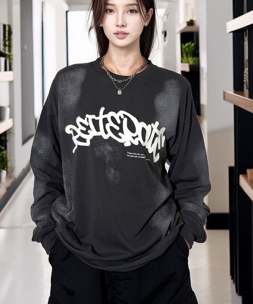 Candlestick（キャンドルスティック）の「ヴィンテージ サンドブラスト ライク タギング ストリート ロンT 韓国ストリート（Tシャツ/カットソー・レディース・ブラック系1/ブラウン/ブラック系2/スミクロ/ブラック/ホワイト系・M/LL/L）」の15枚目の写真