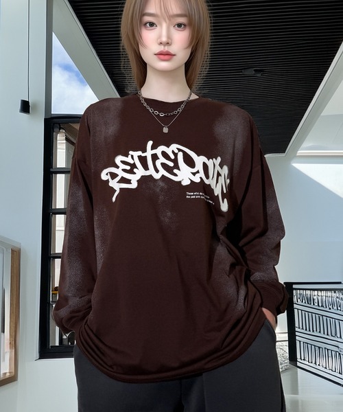 Candlestick（キャンドルスティック）の「ヴィンテージ サンドブラスト ライク タギング ストリート ロンT 韓国ストリート（Tシャツ/カットソー・レディース・ブラック系1/ブラウン/ブラック系2/スミクロ/ブラック/ホワイト系・M/LL/L）」の16枚目の写真
