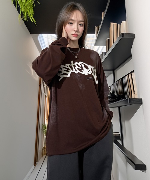 Candlestick（キャンドルスティック）の「ヴィンテージ サンドブラスト ライク タギング ストリート ロンT 韓国ストリート（Tシャツ/カットソー・レディース・ブラック系1/ブラウン/ブラック系2/スミクロ/ブラック/ホワイト系・M/LL/L）」の17枚目の写真