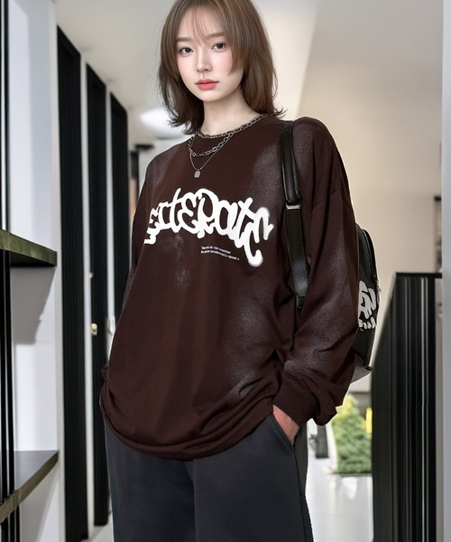 Candlestick（キャンドルスティック）の「ヴィンテージ サンドブラスト ライク タギング ストリート ロンT 韓国ストリート（Tシャツ/カットソー・レディース・ブラック系1/ブラウン/ブラック系2/スミクロ/ブラック/ホワイト系・M/LL/L）」の18枚目の写真