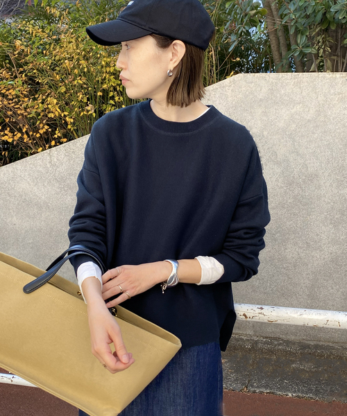 SLOBE IENA（スローブイエナ）の「《セットアップ対応可/追加》コットンダブルフェイスプルオーバー（ニット/セーター・レディース・ベージュ/ネイビー/イエロー/チャコールグレー・FREE）」の3枚目の写真