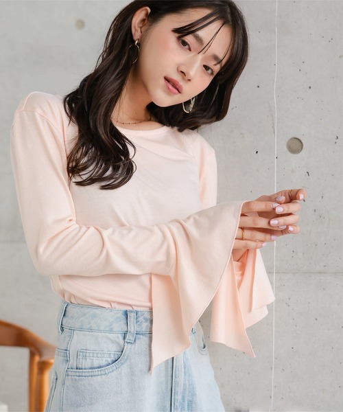 Petitle（プチレ）の「[ 低身長向けサイズ ] フレアスリーブTシャツ（Tシャツ/カットソー・レディース・オフホワイト/ピンク/ブラック・PM）」の14枚目の写真