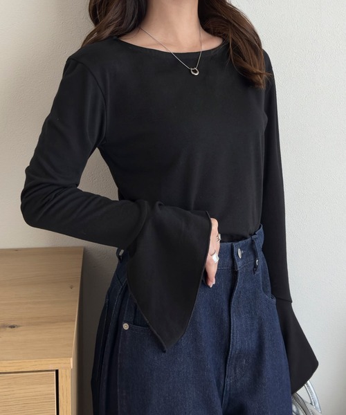 Petitle（プチレ）の「[ 低身長向けサイズ ] フレアスリーブTシャツ（Tシャツ/カットソー・レディース・オフホワイト/ピンク/ブラック・PM）」の9枚目の写真