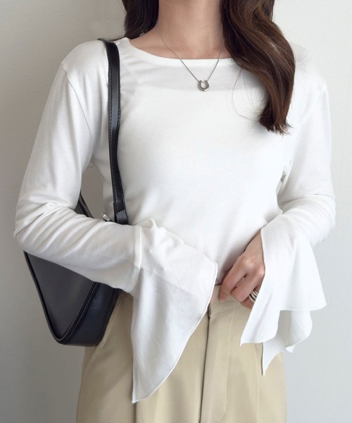 Petitle（プチレ）の「[ 低身長向けサイズ ] フレアスリーブTシャツ（Tシャツ/カットソー・レディース・オフホワイト/ピンク/ブラック・PM）」の6枚目の写真