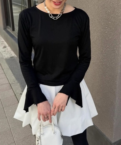 Petitle（プチレ）の「[ 低身長向けサイズ ] フレアスリーブTシャツ（Tシャツ/カットソー・レディース・オフホワイト/ピンク/ブラック・PM）」の4枚目の写真