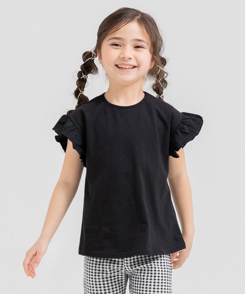 chil2（チルツー）の「綿100％ 無地 肩フリルTシャツ（Tシャツ/カットソー・キッズ・ブラック/ホワイト・80ｃｍ/90cm/100cm/110cm/120cm/130cm/140cm/150cm/160cm）」の2枚目の写真