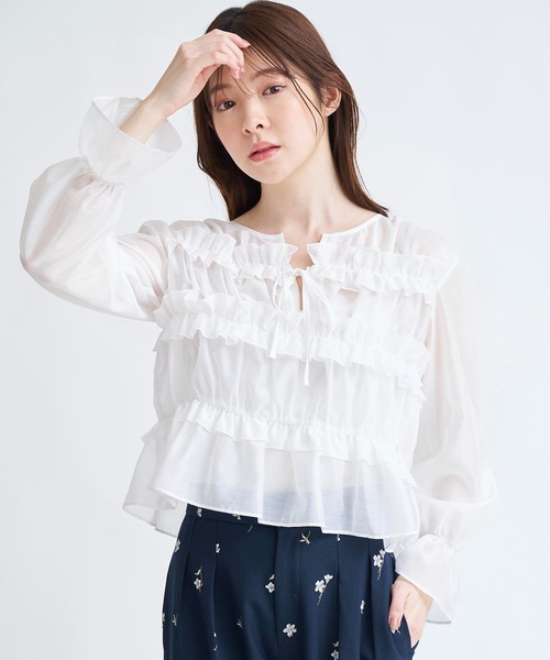 NOELA（ノエラ）の「シアーシャーリングブラウス（シャツ/ブラウス・レディース・ブルー/オフホワイト・フリー）」の2枚目の写真