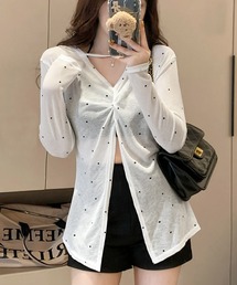 【冷房・UV対策に◎】ドット柄カシュクールシアーVネックトップス