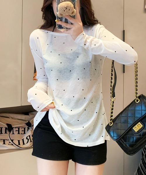 core core(コアコア)の「【冷房・UV対策に◎】ドット柄カシュクールシアーVネックトップス(Tシャツ/カットソー・レディース・ホワイト/ベージュ/ブラック/ピンク・FREE)」の6枚目の写真