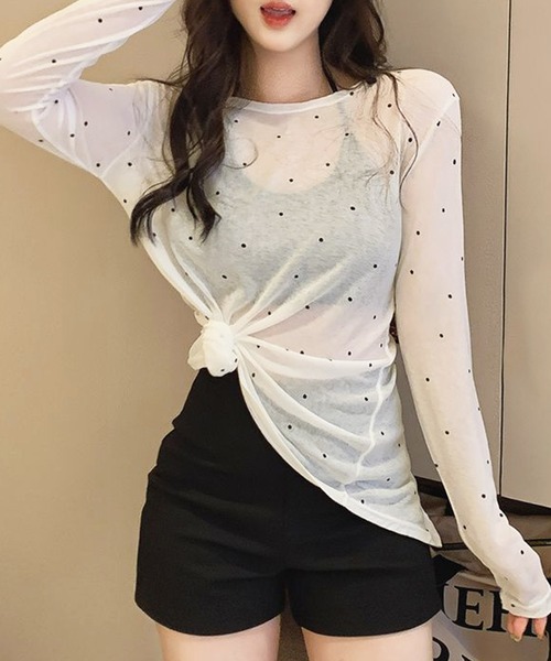 core core(コアコア)の「【冷房・UV対策に◎】ドット柄カシュクールシアーVネックトップス(Tシャツ/カットソー・レディース・ホワイト/ベージュ/ブラック/ピンク・FREE)」の8枚目の写真