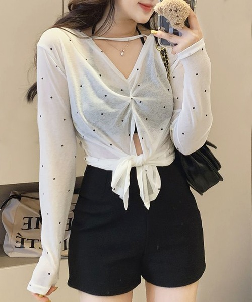 core core(コアコア)の「【冷房・UV対策に◎】ドット柄カシュクールシアーVネックトップス(Tシャツ/カットソー・レディース・ホワイト/ベージュ/ブラック/ピンク・FREE)」の9枚目の写真