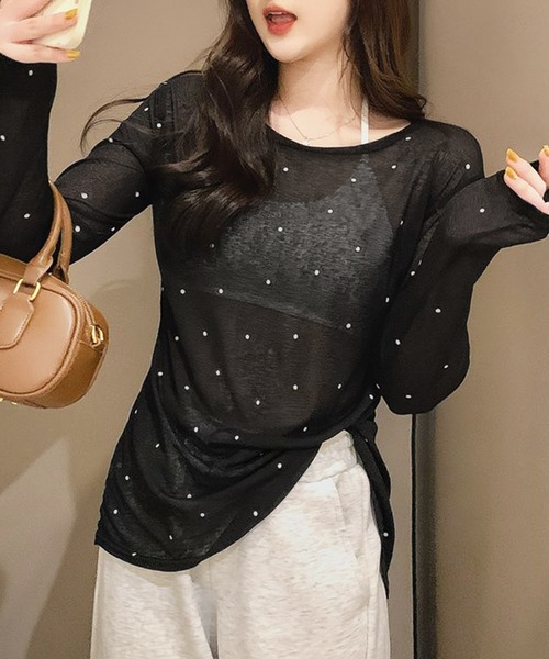 core core(コアコア)の「【冷房・UV対策に◎】ドット柄カシュクールシアーVネックトップス(Tシャツ/カットソー・レディース・ホワイト/ベージュ/ブラック/ピンク・FREE)」の16枚目の写真
