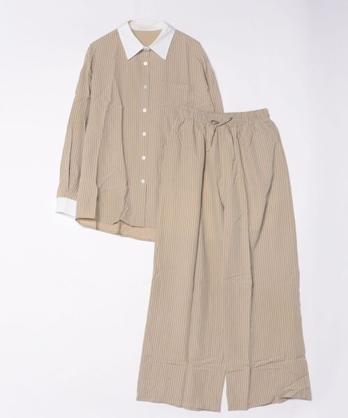 KOBE LETTUCE（コウベレタス）の「ストライプ柄シャツ×パンツセット[E3576]（シャツ/ブラウス・レディース・ベージュ/オフホワイト/ブルー・M）」の2枚目の写真