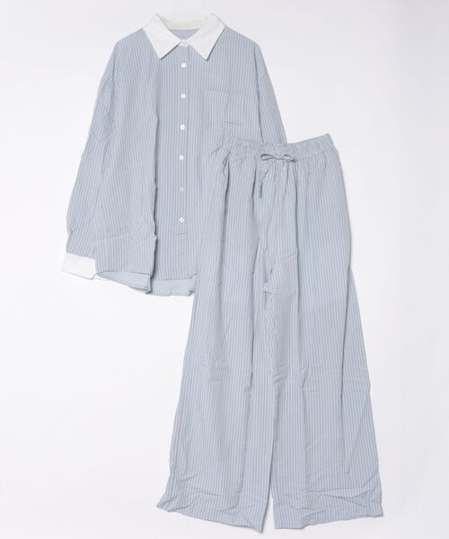 KOBE LETTUCE（コウベレタス）の「ストライプ柄シャツ×パンツセット[E3576]（シャツ/ブラウス・レディース・ベージュ/オフホワイト/ブルー・M）」の3枚目の写真