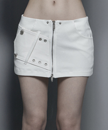 Front Zipper Belt Detail Mini Skirt (White)