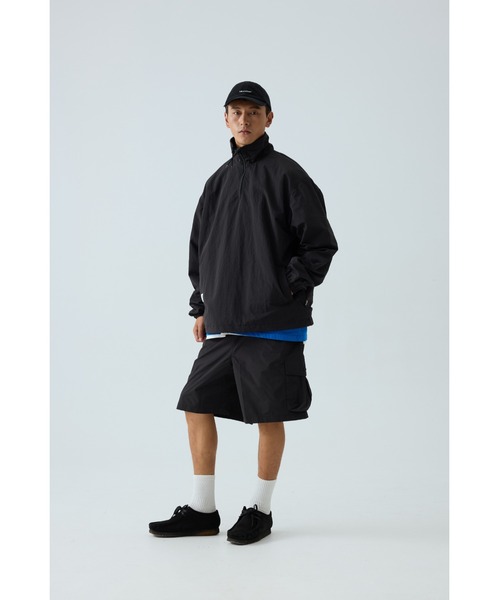 1/f clothing ハーフジップナイロンプルオーバー　　　ブラック ナイロンワッシャー ハーフジップ スタンドブルゾン / Washed Nylon