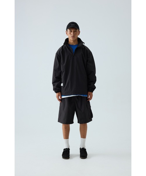 ALOUND ブラック ナイロンプルオーバー ナイロンワッシャー ハーフジップ スタンドブルゾン / Washed Nylon