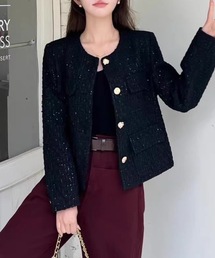 Alvia（アルビア）の「ノーカラーツイードジャケット ラメ入り（ノーカラージャケット）」