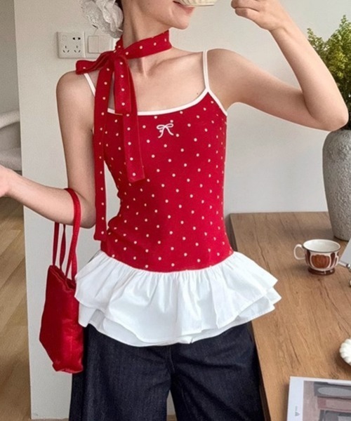 Miniministore(ミニミニストア)の「ドット柄キャミソール チョーカー付き夏服(キャミソール・レディース・ホワイト/ブラック/レッド/ライトグレー・FREE)」の5枚目の写真