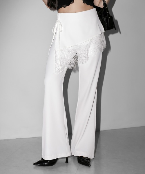 me+em select(ミームセレクト)の「【 2color /3size 】レースレイヤードサイドリボンラップフレアスラックス / lace layered side ribbon wrap flare slacks(スラックス・レディース・ホワイト/ブラック・SMALL/MEDIUM/LARGE)」の9枚目の写真
