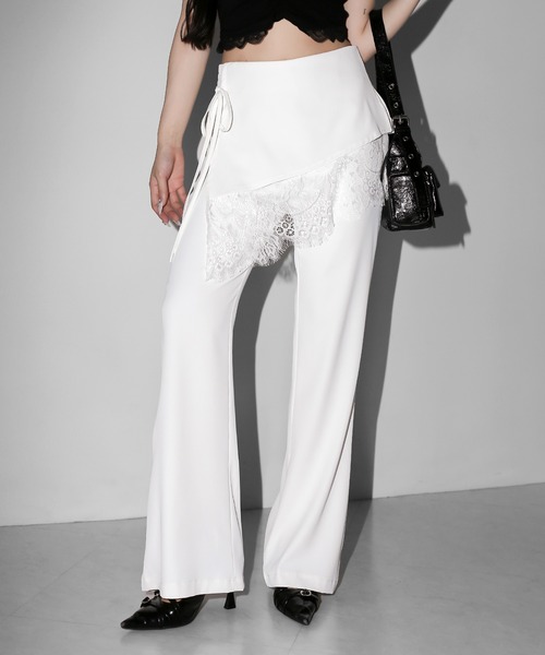 me+em select(ミームセレクト)の「【 2color /3size 】レースレイヤードサイドリボンラップフレアスラックス / lace layered side ribbon wrap flare slacks(スラックス・レディース・ホワイト/ブラック・SMALL/MEDIUM/LARGE)」の12枚目の写真