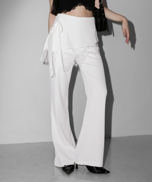 me+em select(ミームセレクト)の「【 2color /3size 】レースレイヤードサイドリボンラップフレアスラックス / lace layered side ribbon wrap flare slacks(スラックス・レディース・ホワイト/ブラック・SMALL/MEDIUM/LARGE)」の13枚目の写真