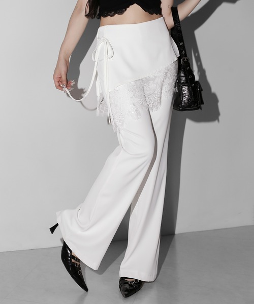 me+em select(ミームセレクト)の「【 2color /3size 】レースレイヤードサイドリボンラップフレアスラックス / lace layered side ribbon wrap flare slacks(スラックス・レディース・ホワイト/ブラック・SMALL/MEDIUM/LARGE)」の15枚目の写真