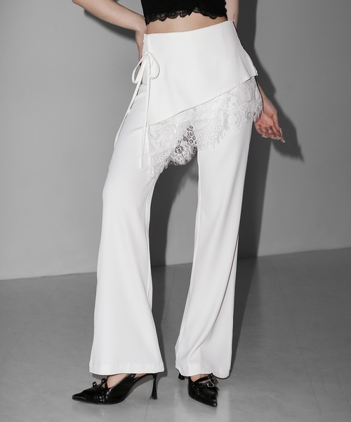 me+em select(ミームセレクト)の「【 2color /3size 】レースレイヤードサイドリボンラップフレアスラックス / lace layered side ribbon wrap flare slacks(スラックス・レディース・ホワイト/ブラック・SMALL/MEDIUM/LARGE)」の14枚目の写真