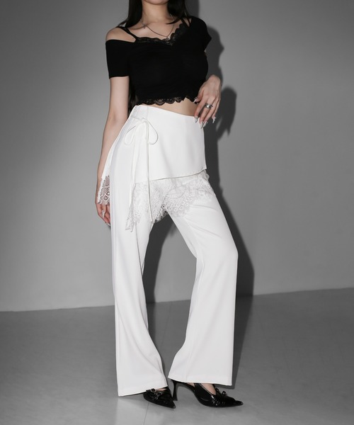 me+em select(ミームセレクト)の「【 2color /3size 】レースレイヤードサイドリボンラップフレアスラックス / lace layered side ribbon wrap flare slacks(スラックス・レディース・ホワイト/ブラック・SMALL/MEDIUM/LARGE)」の21枚目の写真