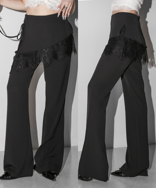 me+em select(ミームセレクト)の「【 2color /3size 】レースレイヤードサイドリボンラップフレアスラックス / lace layered side ribbon wrap flare slacks(スラックス・レディース・ホワイト/ブラック・SMALL/MEDIUM/LARGE)」の4枚目の写真