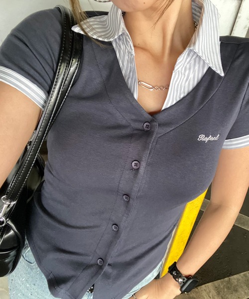 non-hedge(ノンヘッジ)の「シャツレイヤード風ショート丈トップス(Tシャツ/カットソー・レディース・オフホワイト/グレー/チャコールグレー/ネイビー・FREE)」の2枚目の写真