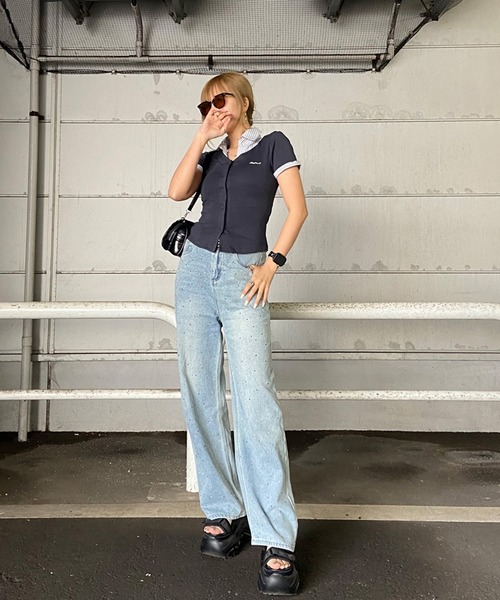 non-hedge(ノンヘッジ)の「シャツレイヤード風ショート丈トップス(Tシャツ/カットソー・レディース・オフホワイト/グレー/チャコールグレー/ネイビー・FREE)」の9枚目の写真