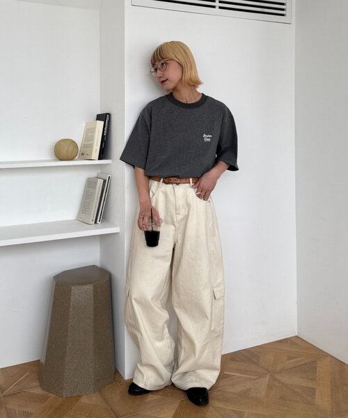 CIAOPANIC TYPY（チャオパニックティピー）の「【UNISEX】ピンボーダーワンポイント刺繍ロゴTシャツ（Tシャツ/カットソー・メンズ・ブルー/チャコールグレー/ブラウン・LARGE/MEDIUM）」の15枚目の写真