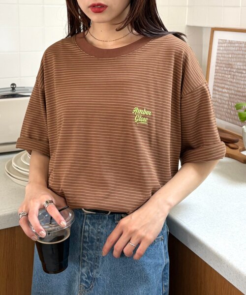 CIAOPANIC TYPY（チャオパニックティピー）の「【UNISEX】ピンボーダーワンポイント刺繍ロゴTシャツ（Tシャツ/カットソー・メンズ・ブルー/チャコールグレー/ブラウン・LARGE/MEDIUM）」の12枚目の写真