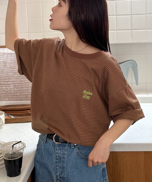 CIAOPANIC TYPY（チャオパニックティピー）の「【UNISEX】ピンボーダーワンポイント刺繍ロゴTシャツ（Tシャツ/カットソー・メンズ・ブルー/チャコールグレー/ブラウン・LARGE/MEDIUM）」の11枚目の写真