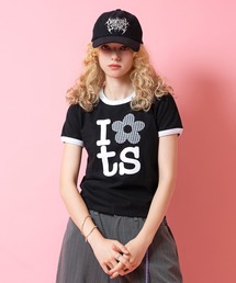 a.p.o.v. クロップド丈ギンガムチェック柄フラワーワッペンY2KプリントリンガーTシャツ(レディース)