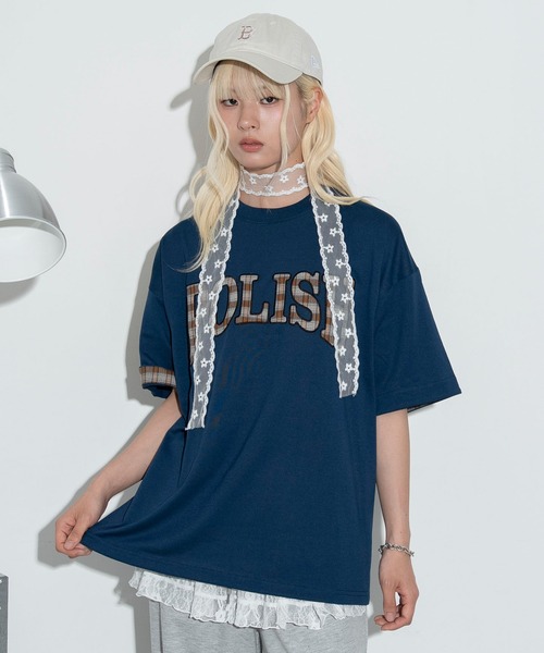 WEGO(ウィゴー)の「WEGO/チェックディテールロゴTシャツ(Tシャツ/カットソー・メンズ・ホワイト/ネイビー/スミクロ・MEDIUM/LARGE)」の3枚目の写真