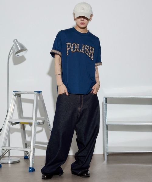 WEGO(ウィゴー)の「WEGO/チェックディテールロゴTシャツ(Tシャツ/カットソー・メンズ・ホワイト/ネイビー/スミクロ・MEDIUM/LARGE)」の6枚目の写真